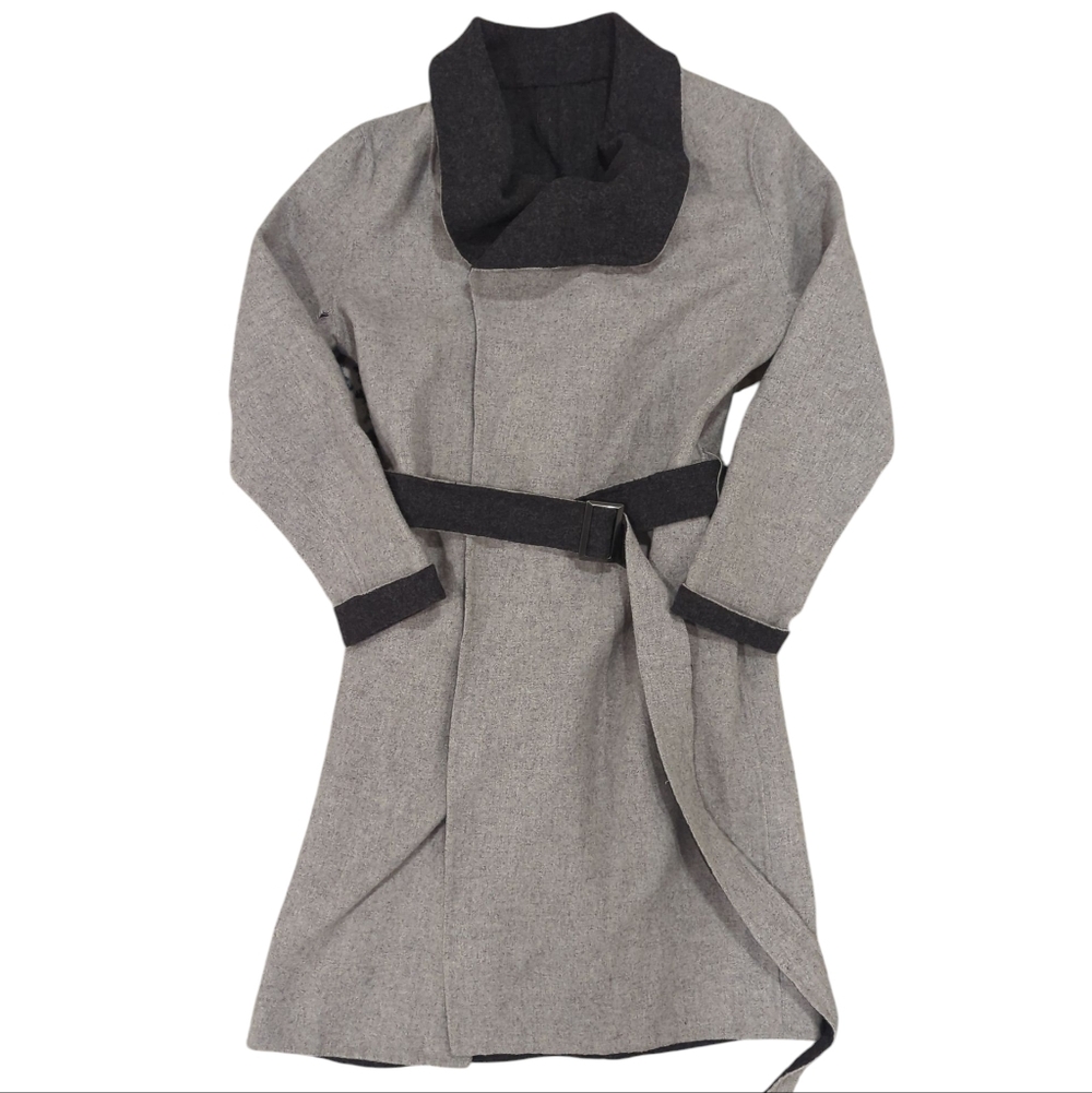 White House Black Market Grey Wool Blend Long Coat - Women's Small Felt Collared